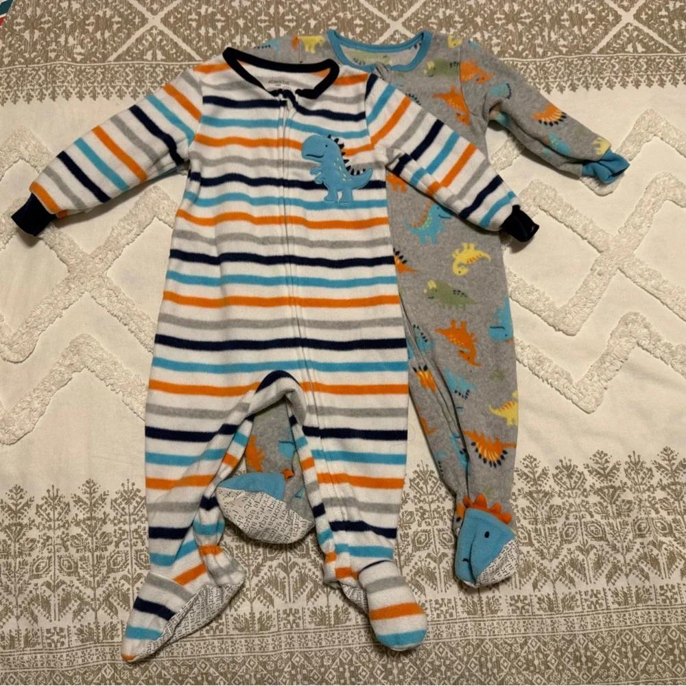 Set of Two Absorba Multicolor Striped and Dinosaur Fleece Footies 12 months